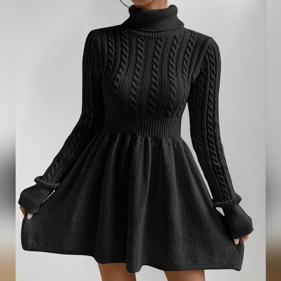 Cable Knit Turtleneck Sweater Dress - Picture 1 of 6